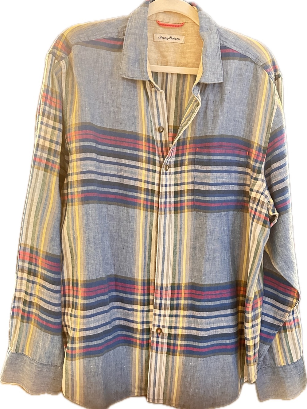 Tommy Bahama Blue Plaid Linen Button-Down with Yellow & Red Accents
